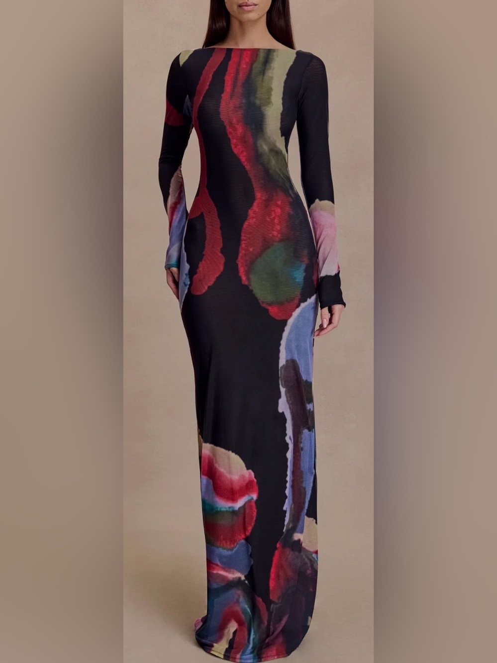 NWT Meshki Soraya Long Sleeve Mesh Maxi Dress Fluid Reverie Print Multi Size L